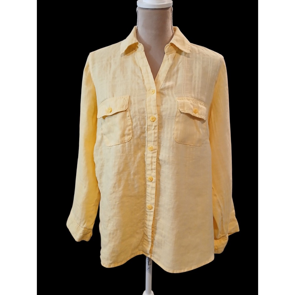 Studio Works 1x Woman Yellow 100% Linen Button Down Shirt Roll Tab Sleeve Plus